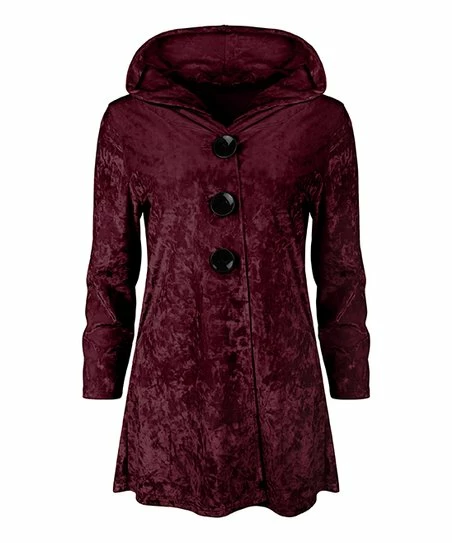 Lily | Wine Button-Front Velvet Hoodie - Plus 1 Lily | Wine Button-Front Velvet Hoodie - Plus