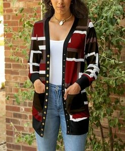 Lily | Red & Brown Color Block Pocket Snap-Button Cardigan - Women & Plus