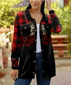 Lily | Black & Red Gingham Leopard Velvet Long-Sleeve Button-Up - Women