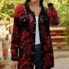 Lily | Red & Black Floral Velvet Long-Sleeve Button-Up - Women & Plus