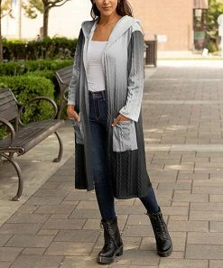 Lily | Gray & Black Ombré Cable-Knit Hooded Pocket Duster - Women & Plus