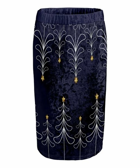 Lily | Navy & White Christmas Tree Velvet Midi Pencil Skirt - Plus 1 Lily | Navy & White Christmas Tree Velvet Midi Pencil Skirt - Plus