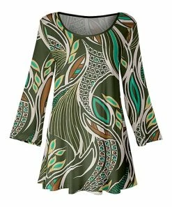 Lily | Green & Brown Abstract Three-Quarter Sleeve Boatneck Tunic - Women