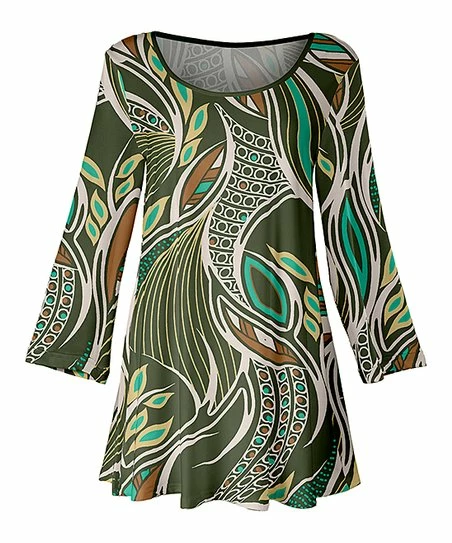 Lily | Green & Brown Abstract Three-Quarter Sleeve Boatneck Tunic - Women 1 Lily | Green & Brown Abstract Three-Quarter Sleeve Boatneck Tunic - Women