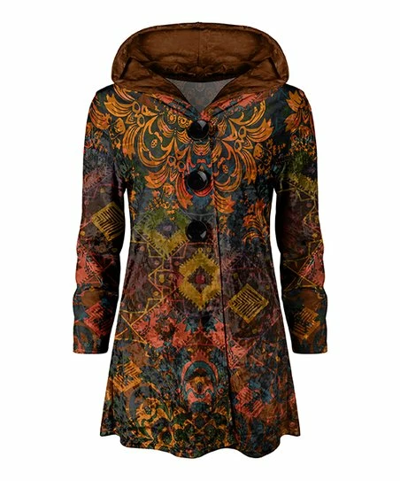 Lily | Brown & Blue Damask Button-Front Velvet Hoodie - Women 1 Lily | Brown & Blue Damask Button-Front Velvet Hoodie - Women