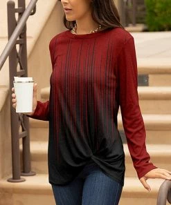 Lily | Black & Red Ombré Knot-Front Long-Sleeve Tunic - Plus