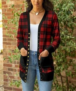 Lily | Black & Red Plaid Pocket Snap-Button Cardigan - Women