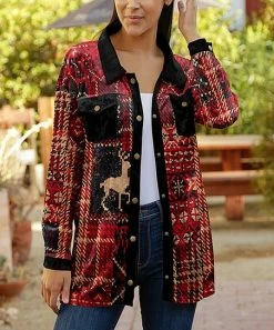 Lily | Red & Black Fair Isle Plaid Velvet Long-Sleeve Button-Up - Women