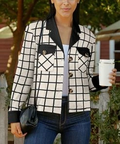 Lily | Cream & Black Windowpane Notch-Lapel Button-Up Shacket - Women & Plus
