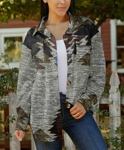 Lily | Gray & Navy Geometric Front-Pocket Button-Up Shacket - Women & Plus