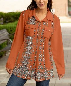 Lily | Orange & White Geometric Chest-Pocket Shacket - Plus