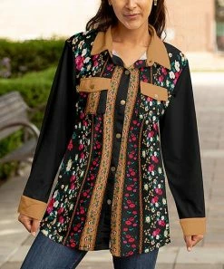 Lily | Black & Beige Floral Chest-Pocket Shacket - Plus