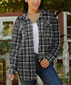 Lily | Black & Gray Plaid Front-Pocket Button-Up Shacket - Plus