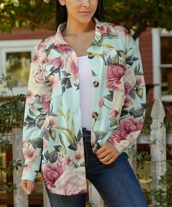 Lily | Aqua & Pink Floral Front-Pocket Button-Up Shacket - Plus
