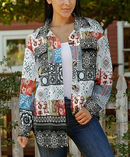 Lily | Black & White Geometric Patchwork Front-Pocket Button-Up Shacket - Women 1 Lily | Black & White Geometric Patchwork Front-Pocket Button-Up Shacket - Women