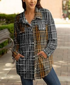 Lily | Brown & Gray Plaid Pocket Button-Up Shacket - Women