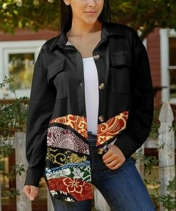 Lily | Black & Red Abstract Patchwork Front-Pocket Button-Up Shacket - Women
