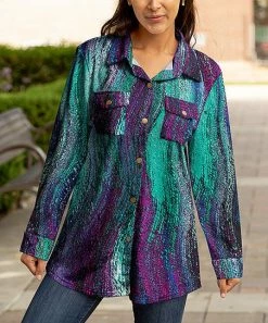 Lily | Turquoise & Purple Abstract Wave Chest-Pocket Shacket - Plus