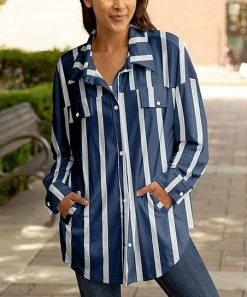 Lily | Navy & White Stripe Pocket Button-Up Shacket - Women