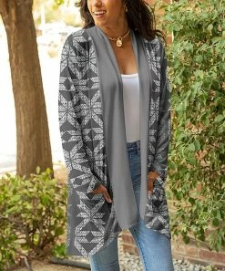 Lily | Gray & White Geometric Pocket Long-Sleeve Open Cardigan - Women