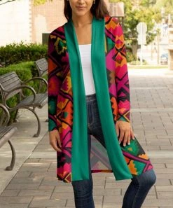 Lily | Fuchsia & Turquoise Geometric Longline Open Cardigan - Plus