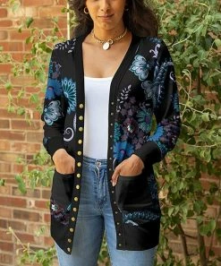 Lily | Black & Blue Floral Pocket Snap-Button Cardigan - Women