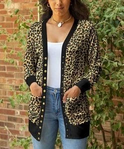 Lily | Black & Brown Leopard Pocket Snap-Button Cardigan - Plus
