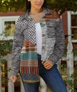 Lily | Gray & Brown Patchwork Button-Up Shacket - Plus