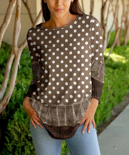 Lily | Brown & White Polka Dot Long-Sleeve Crewneck Tunic - Plus 1 Lily | Brown & White Polka Dot Long-Sleeve Crewneck Tunic - Plus
