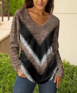 Lily | Beige & Black Chevron Long-Sleeve V-Neck Tunic - Women & Plus