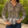 Lily | Brown & Mustard Floral Ruched Three-Quarter Sleeve Top - Plus