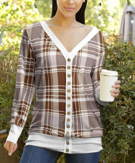 Lily | Pink & Brown Plaid V-Neck Snap-Button Cardigan - Plus 1 Lily | Pink & Brown Plaid V-Neck Snap-Button Cardigan - Plus