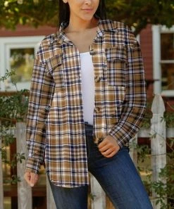 Lily | Brown & Navy Plaid Button-Up Shacket - Plus