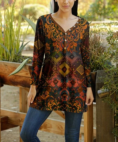 Lily | Orange & Yellow Ornate Button Tunic - Women 1 Lily | Orange & Yellow Ornate Button Tunic - Women