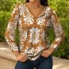 Lily | Brown & White Ornate Notch Neck Tunic - Plus