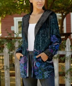 Lily | Black & Purple Floral Velvet Open Hoodie - Women