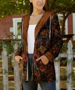 Lily | Brown & Gold Ornate Velvet Open Hoodie - Women