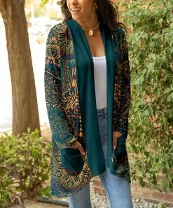 Lily | Teal & Yellow Floral Pocket Open Cardigan - Plus