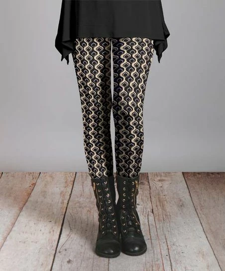 Lily | Beige & Black Abstract Wave Leggings - Women 1 Lily | Beige & Black Abstract Wave Leggings - Women