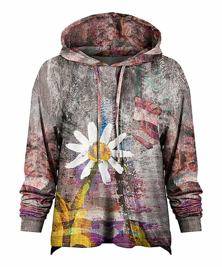 Lily | Gray & Yellow Abstract Floral-Accent Pocket Drawstring Hoodie - Women 1 Lily | Gray & Yellow Abstract Floral-Accent Pocket Drawstring Hoodie - Women