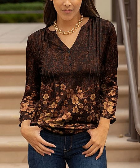 Lily | Brown & Gold Floral Ruched-Sleeve Pleated Notch Neck Tunic - Women & Plus 1 Lily | Brown & Gold Floral Ruched-Sleeve Pleated Notch Neck Tunic - Women & Plus