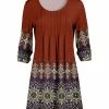 Lily | Rust & Beige Geometric Pleated Boatneck Long-Sleeve Tunic - Women