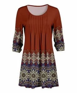 Lily | Rust & Beige Geometric Pleated Boatneck Long-Sleeve Tunic - Women