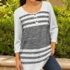 Lily | Gray & White Stripe Pleated Button-Detail Three-Quarter Sleeve Tunic - Women & Plus