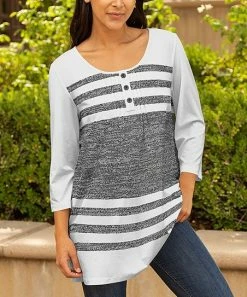 Lily | Gray & White Stripe Pleated Button-Detail Three-Quarter Sleeve Tunic - Women & Plus