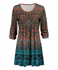 Lily | Rust & Blue Geometric Pleated Boatneck Long-Sleeve Tunic - Women