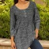 Lily | Light Gray Plaid Pleated Button-Detail Three-Quarter Sleeve Tunic - Women