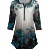 Lily | Black & Blue Ombré Floral Pleated Three-Quarter Sleeve Notch Neck Tunic - Plus