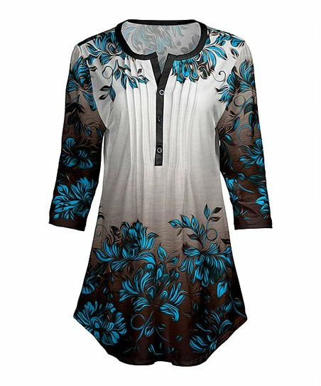 Lily | Black & Blue Ombré Floral Pleated Three-Quarter Sleeve Notch Neck Tunic - Plus 1 Lily | Black & Blue Ombré Floral Pleated Three-Quarter Sleeve Notch Neck Tunic - Plus