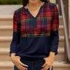 Lily | Navy Multicolor Plaid Ruched-Sleeve Pleated Notch Neck Tunic - Plus